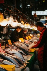 People at fish market stall purchasing fresh seafood. City market setting