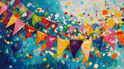 Vibrant Celebration Banner with Colorful Decorations and Confetti