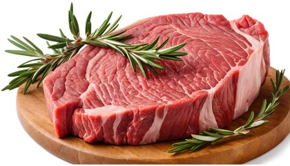 Raw Beef Steak with Rosemary on Wooden Board