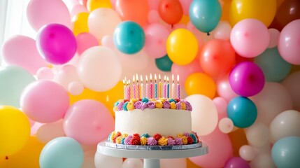 Vibrant Birthday Celebration with Colorful Cake and Decorations