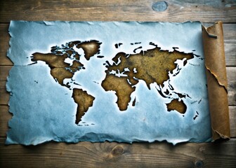 Aged, damaged paper map; vintage USA Latin America design.  Retro brown tones evoke old-style geography.
