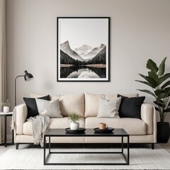 Modern Living Room Interior with Mountain Landscape Print