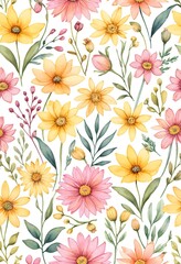 Watercolor Seamless Pattern of Pastel Yellow and Pink Flowers