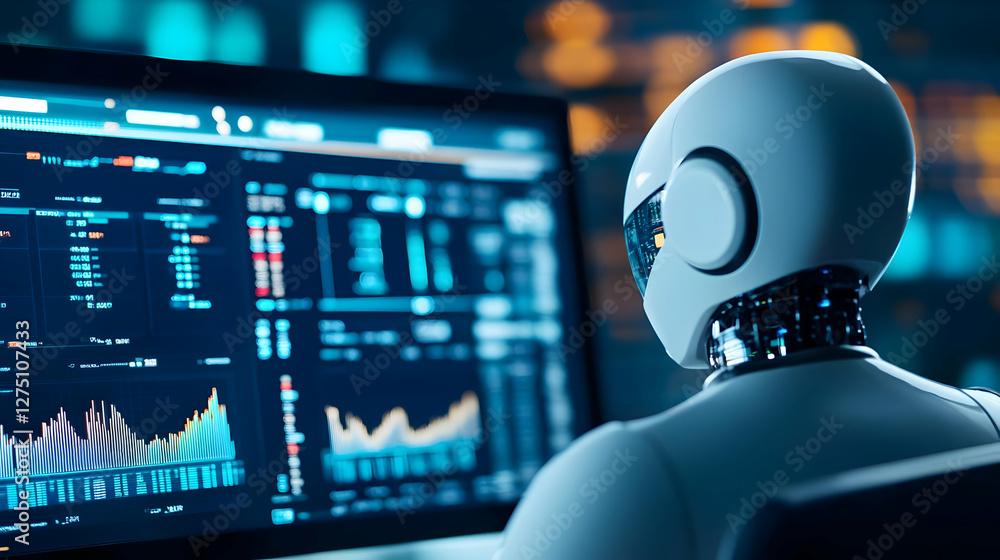 Poster a futuristic robot analyzing data on a screen showcasing stock market trends and analytics in a mode