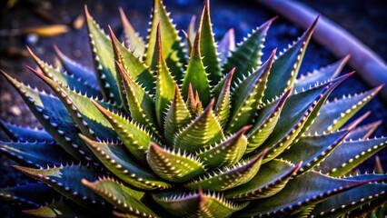 Obraz premium A long exposure macro shot captures the sharp spines and succulent texture of a desert aloe vera plant.