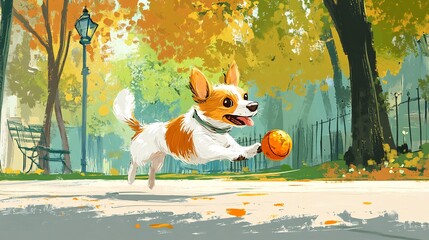 Fototapeta premium cute cartoon puppy running after a ball in the park