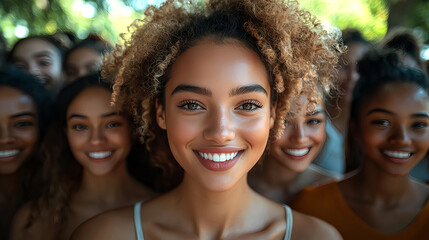 Fototapeta premium Group of smiling young women celebrating friendship outdoors