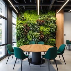Fototapeta premium Modern Office Meeting Room with Green Chairs and Living Wall
