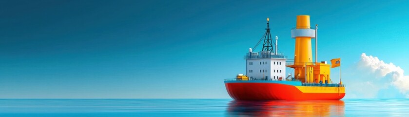 Colorful ship navigating calm waters under a clear blue sky.