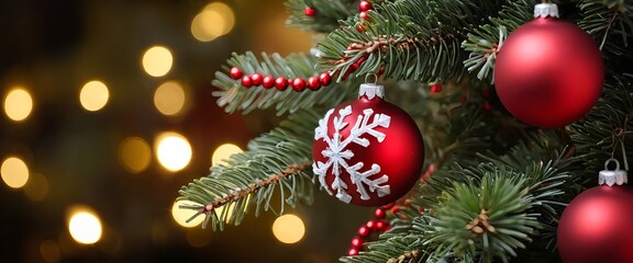 Red Christmas Ornaments on Decorated Fir Tree with Bokeh Lights