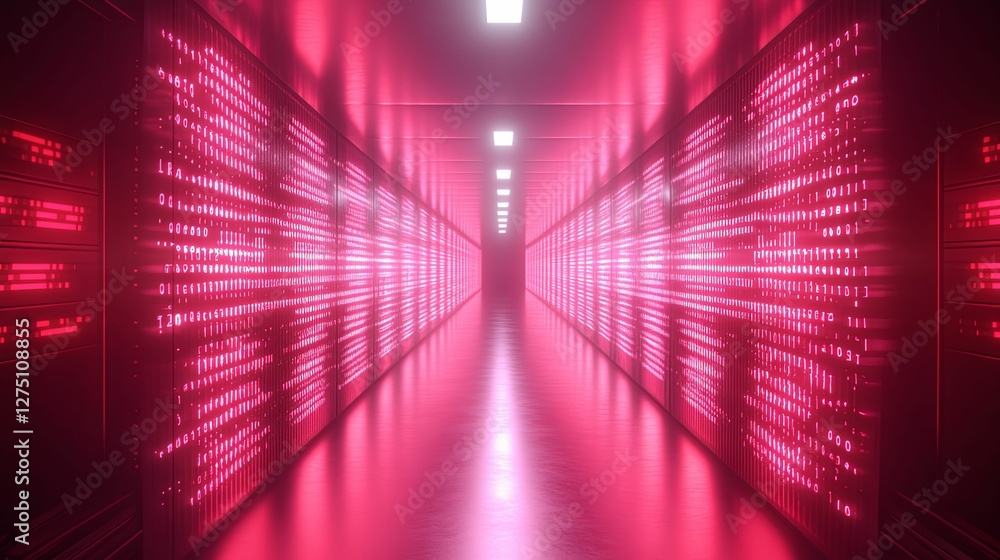 Poster pink neon corridor illuminated with binary code