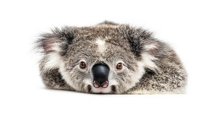 Fototapeta premium A cute koala lying down stares forward on white background