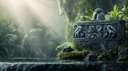 Ancient stone altar surrounded by lush jungle vegetation, illuminated by soft sunlight beams