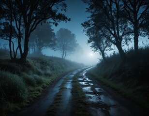 Obraz premium Mysterious Night Road Through Foggy Forest