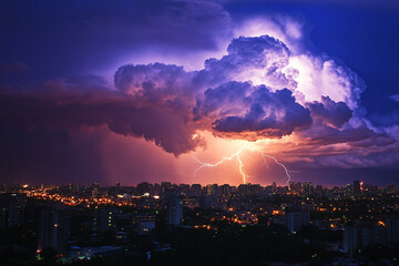 Cloud storm thunder lightning over city