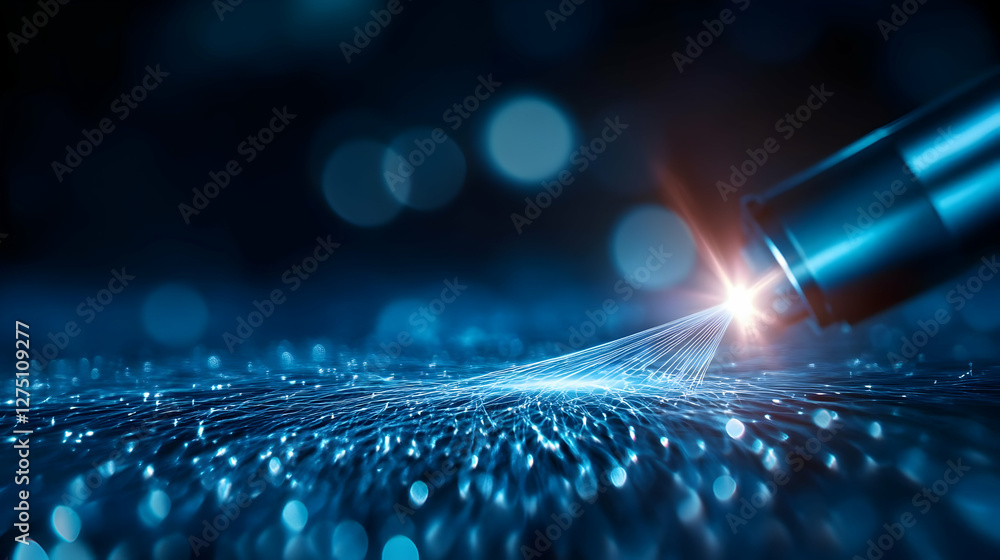 Poster a high-tech laser emitting light on a dark, sparkling surface, creating an engaging visual effect of