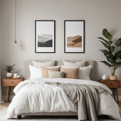 Cozy Minimalist Bedroom Interior with Neutral Tones and Landscape Prints