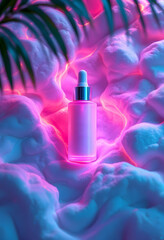 Cosmetic Serum Bottle on Abstract Vaporwave Background with Palm Leaf