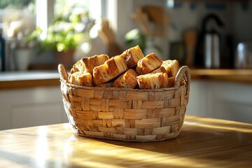 Close-up of golden brown baguettes in a woven basket on a wooden counter