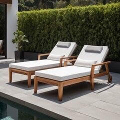 Fototapeta premium Luxury Teak Wood Lounge Chairs by the Pool