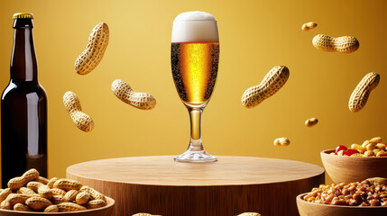 A sparkling beer glass surrounded by floating peanuts, with two bowls of nuts and a dark beer bottle on a wooden table against a yellow background.