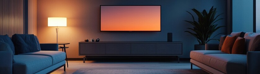 Cozy living room illuminated by a warm evening glow.