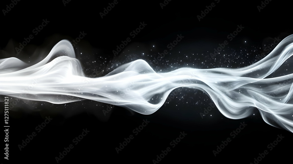 Poster a mesmerizing wave of ethereal smoke flows gracefully against a dark backdrop, creating a serene and