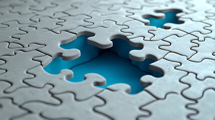Close-up of a puzzle with missing pieces revealing blue background