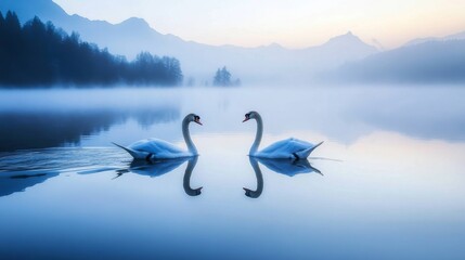 Naklejka premium Peaceful swans on a misty lake, mountain backdrop