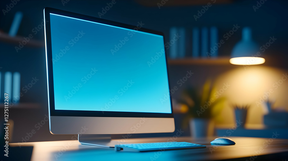 Poster a modern computer monitor glowing in a dimly lit workspace, showcasing a minimalist design ideal for