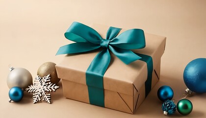 Teal Ribbon Gift Box with Christmas Ornaments