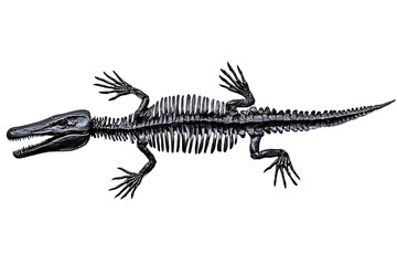 Naklejka premium Fossil Reptile Skeleton, Isolated on Black Background, Educational Use
