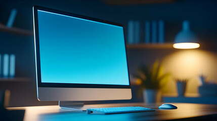 Fototapeta premium A modern computer monitor glowing in a dimly lit workspace, showcasing a minimalist design ideal for productivity.