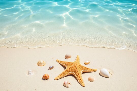 Sandy beach with clear blue water starfish and seashells on light beige sand