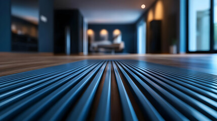A modern interior view showcasing sleek blue lines on the floor, highlighting contemporary design and spatial elegance.