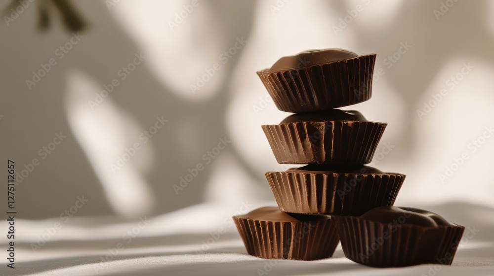 Poster a stack of chocolate cups on a soft surface, with gentle shadows creating an elegant backdrop