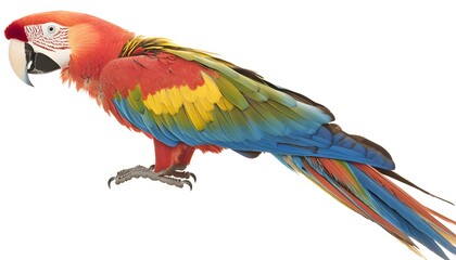 Fototapeta premium Striking scarlet macaw displays its vibrant feathers on a white background
