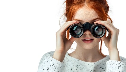 Redhead woman holds binoculars looking straight ahead on white