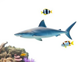 Fototapeta premium Colorful marine fish and shark swimming gracefully on a white isolated background, including angelfish, butterfly fish, wrasse, and snapper, ocean, white background, shark