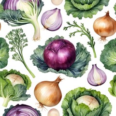Watercolor Seamless Pattern of Fresh Vegetables Onions and Cabbage