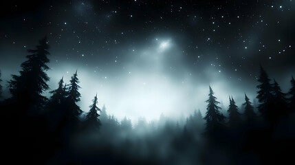 Fototapeta premium A mystical forest under a starry night sky, enveloped in fog, creating a serene and enchanting atmosphere.