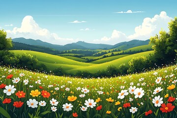 Fototapeta premium Vector cartoon illustration of a beautiful summer sunny meadow panorama 
