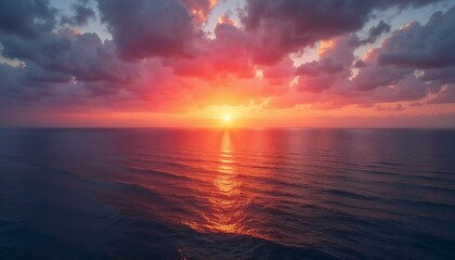 Obraz premium Glowing horizon over calm ocean waters at sunset with colorful clouds illuminating the sky