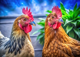 Fototapeta premium City hens, stark white background, close-up; a study in feathered texture.
