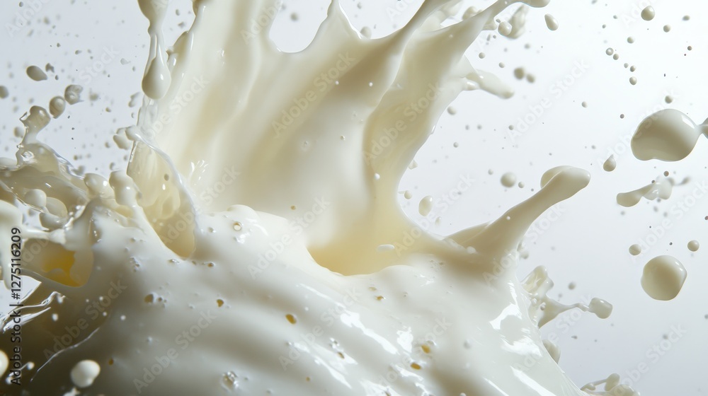 Poster dynamic splash of milk captured in motion, highlighting fluidity against a light background