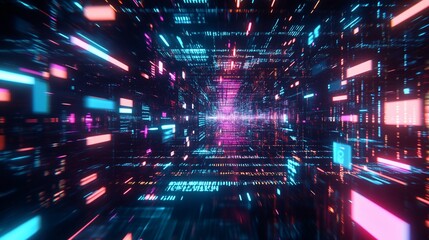 Abstract digital futuristic tunnel with vibrant neon lights and depth perspective
