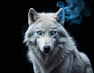 Majestic Arctic Wolf with Blue Eyes and Mystical Smoke