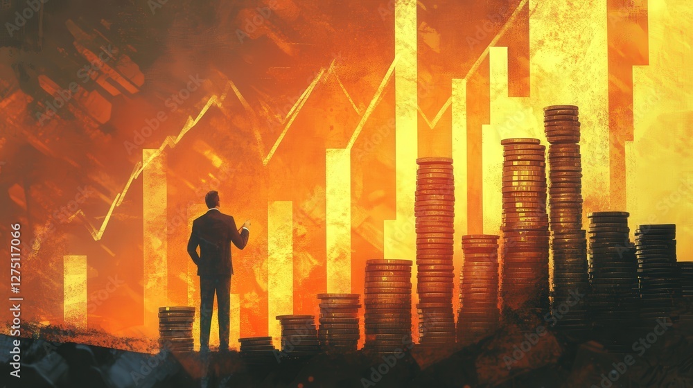 Aufkleber coin tower with a backdrop of a rising profit graph, symbolizing effective decision-making and long-