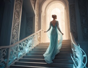 Elegant Woman in Blue Gown Ascending Grand Staircase