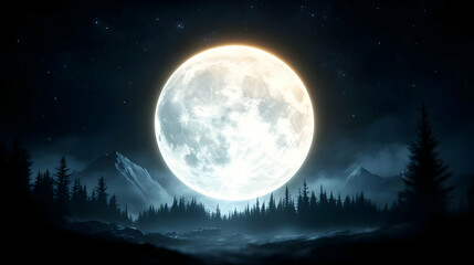 A serene night sky features a luminous full moon illuminating mountains and a forest, creating a tranquil and mystical atmosphere.